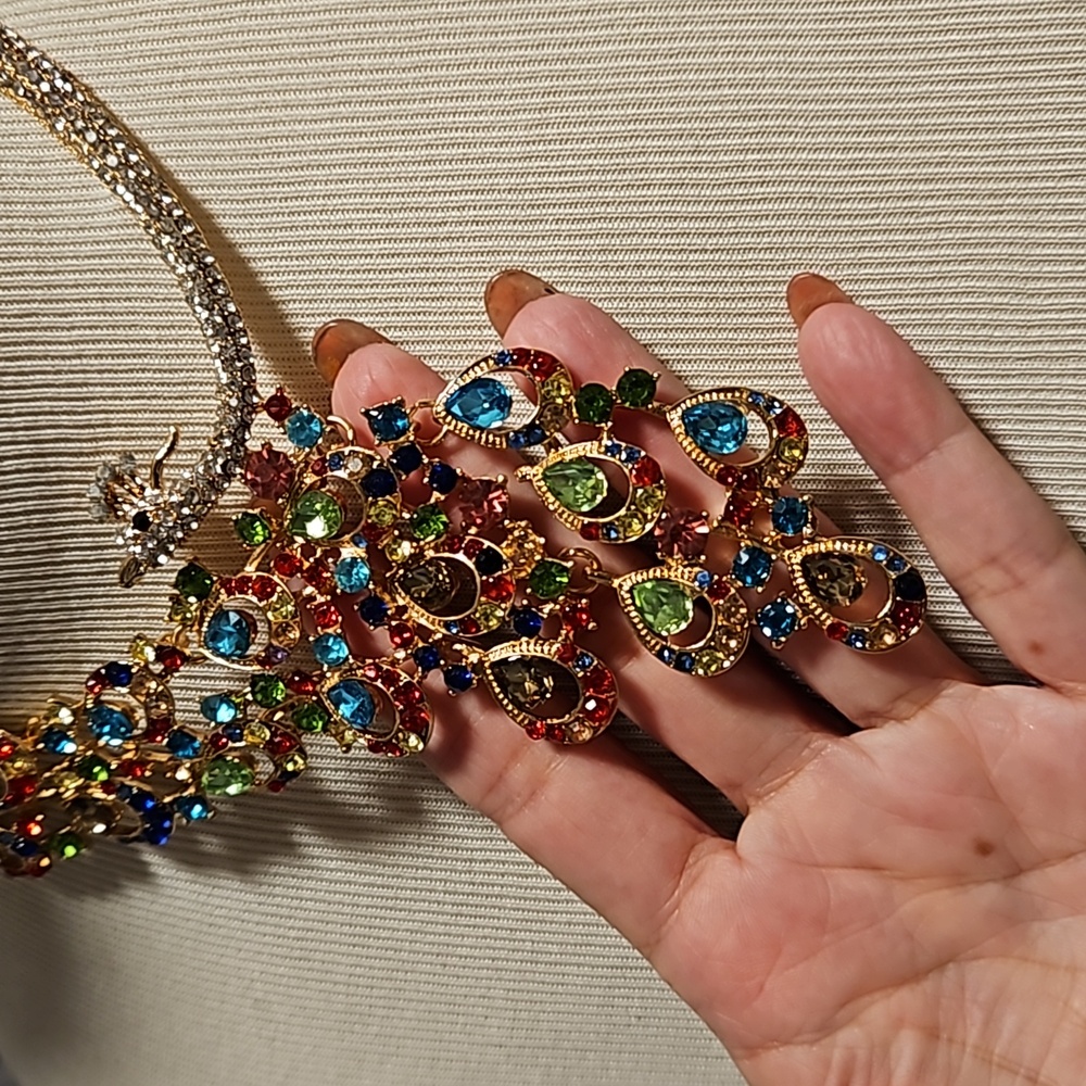 Multicolor Rhinestone Peacock Statement Necklace … - image 5